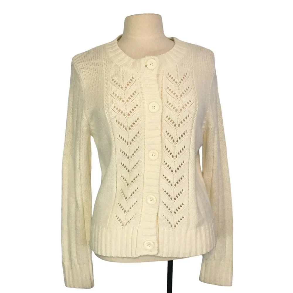 St. John's Bay Womens Cream White Crew Neck Cable Knit Cardigan Sweater M‎